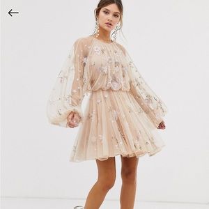 ASOS EDITIONS floral beaded mesh dress with balloon sleeve
